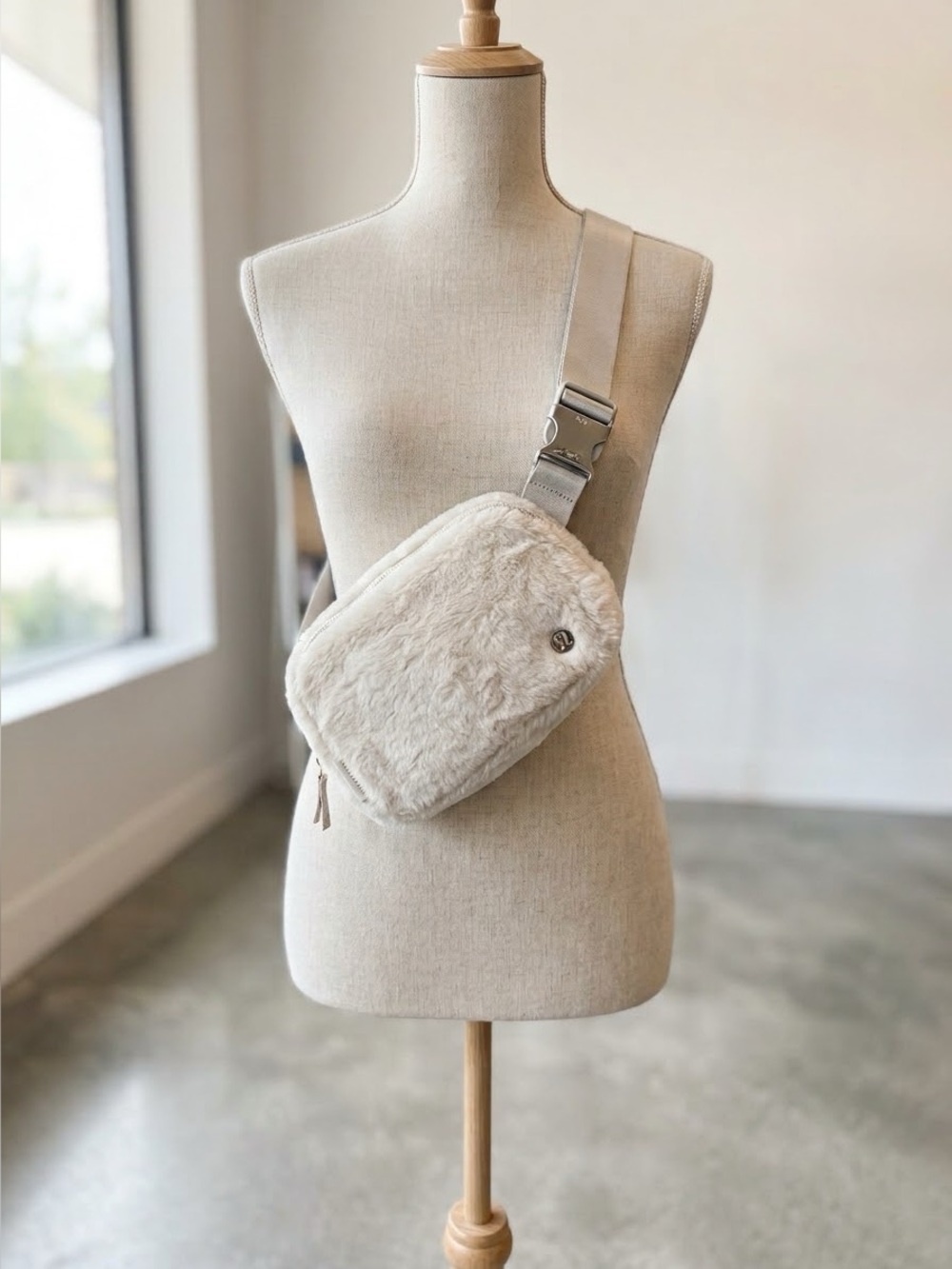 NWT Lululemmon athletica Cream Faux Fur crossbody with Satin Strap
